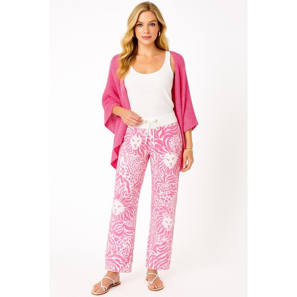 Lilly Pulitzer The Beach Pant XS Get Spotted Pink Lion Leopard Linen Drawstring - Picture 10 of 10